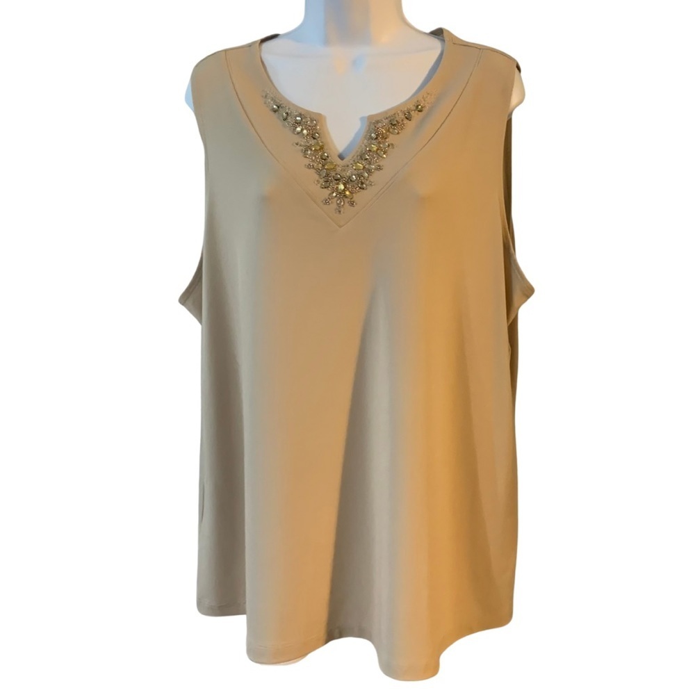 Susan Graver size Large tan sleeveless v-cutout tunic with gold & silver gems.